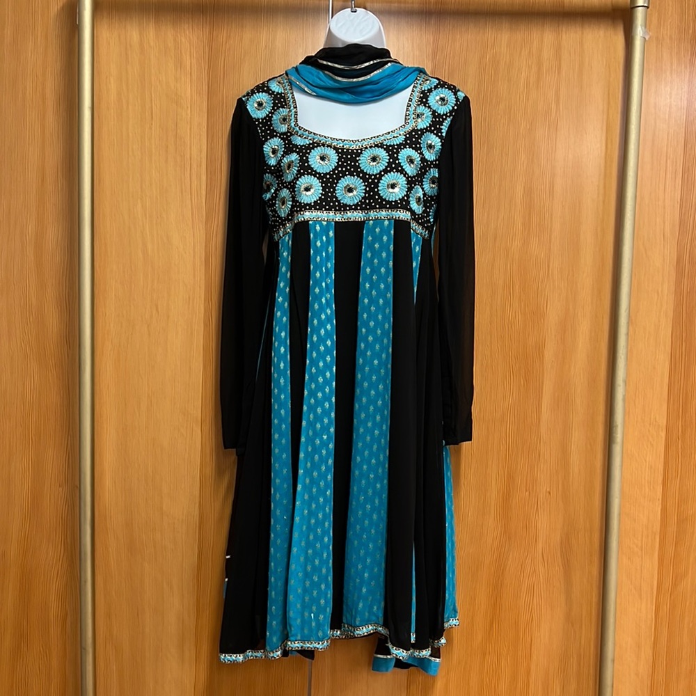 Armapali Indian Design Teal, Black Below the Knee Long Sleeve Small Tunic Dress